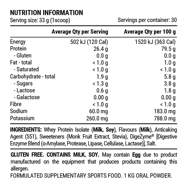 Load image into Gallery viewer, A Nutrition Facts label for a powdered supplement, showing serving size 26.4 g, calories, macronutrients, ingredients, and allergen information on a black background.