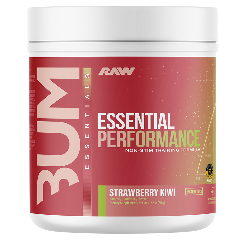 Load image into Gallery viewer, A white plastic tub of RAW BUM Essentials Essential Performance non-stim training formula in Strawberry Kiwi flavor, featuring a red and gold label.
