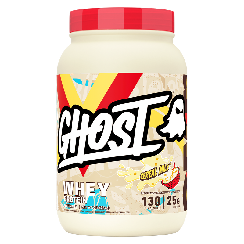 Load image into Gallery viewer, A tub of Ghost Whey Protein in Cereal Milk flavor, featuring a cream-colored container, a red lid, and a colorful label with the Ghost logo.