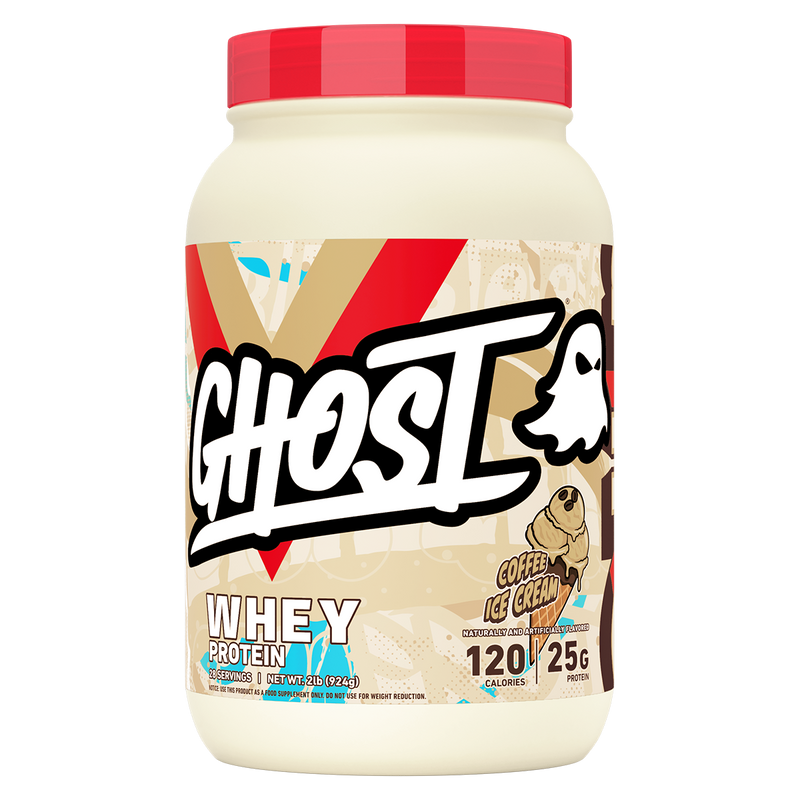Load image into Gallery viewer, A tub of Ghost Whey Protein in Coffee Ice Cream flavor, featuring a red lid and a label with a beige background, red and brown graphic elements, and the Ghost logo.