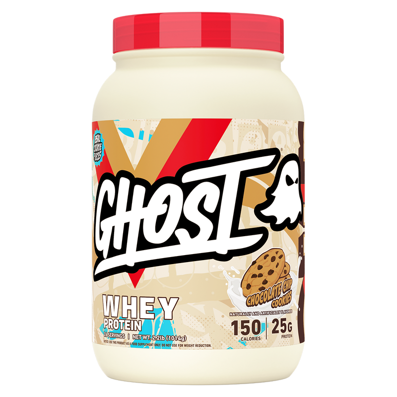 Load image into Gallery viewer, A tub of Ghost Whey Protein in Chocolate Chip Cookie flavor, featuring a red lid and a label with a large white Ghost logo on a beige background with red and brown graphic accents.