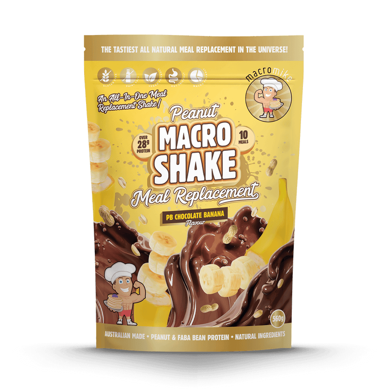 Load image into Gallery viewer, Peanut Macro Shake Meal Replacement package with chocolate and banana imagery on a yellow background