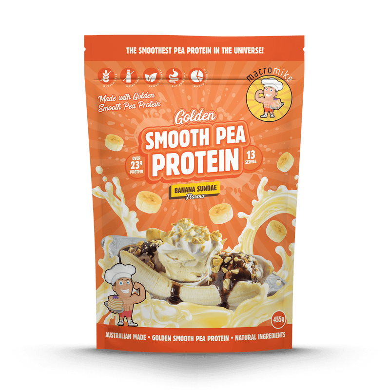 Load image into Gallery viewer, A stand-up pouch of macromite Golden Smooth Pea Protein in Banana Sundae flavor, shown on a clean white background with a soft shadow underneath.
