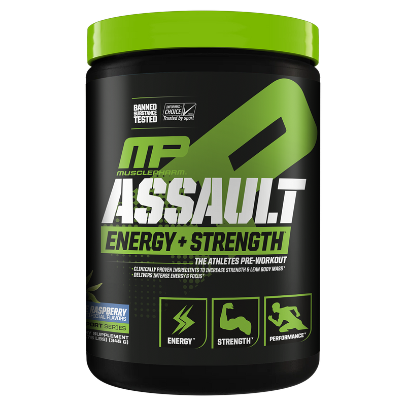 Load image into Gallery viewer, MusclePharm Assault energy and strength supplement container on a white background
