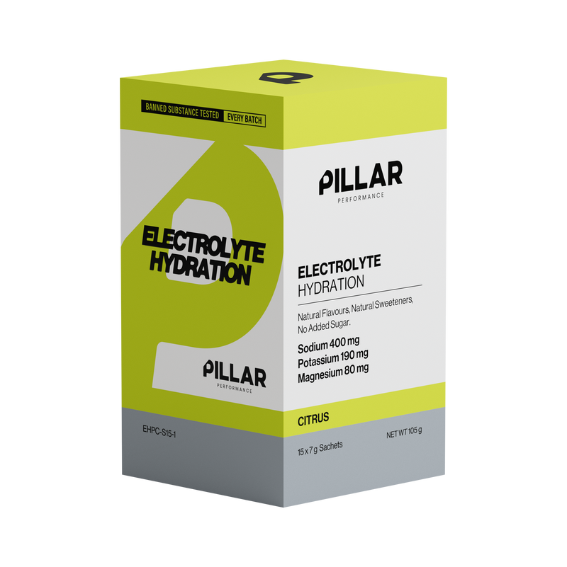Load image into Gallery viewer, A box of Pillar Performance Electrolyte Hydration in Citrus flavor, featuring a lime green, white, and gray packaging design with product details printed on the front.