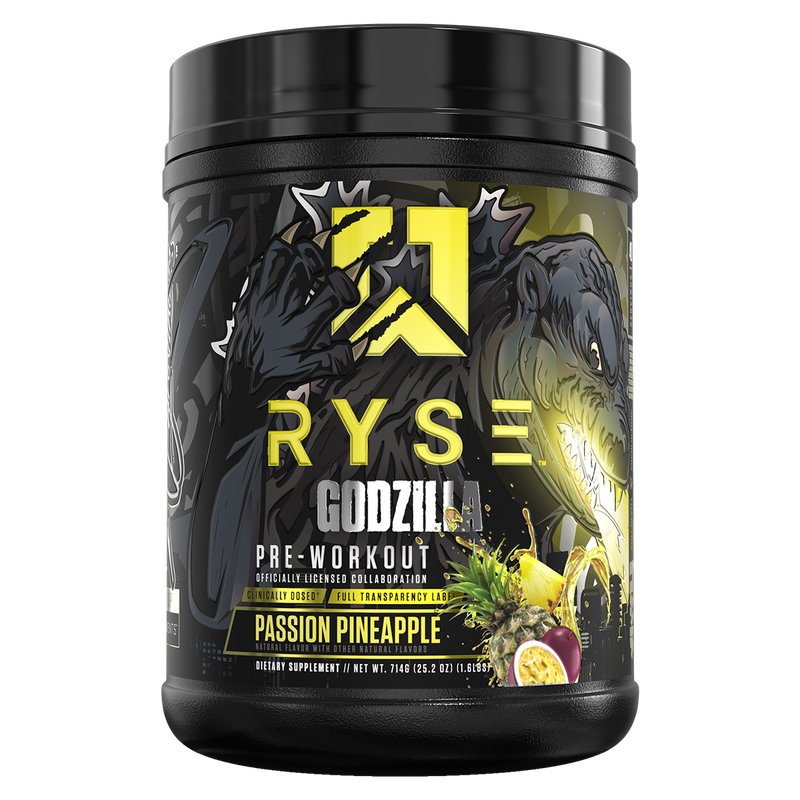 Load image into Gallery viewer, Ryse Godzilla pre-workout supplement container with black lid on a white background