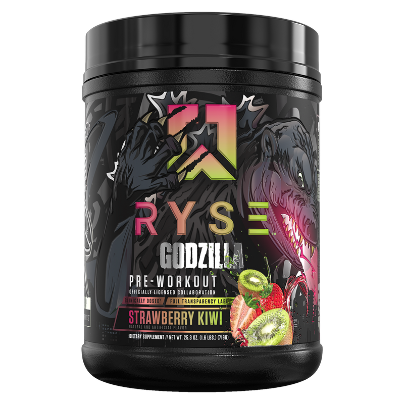 Load image into Gallery viewer, Ryse Godzilla pre-workout supplement container with colorful design and text.