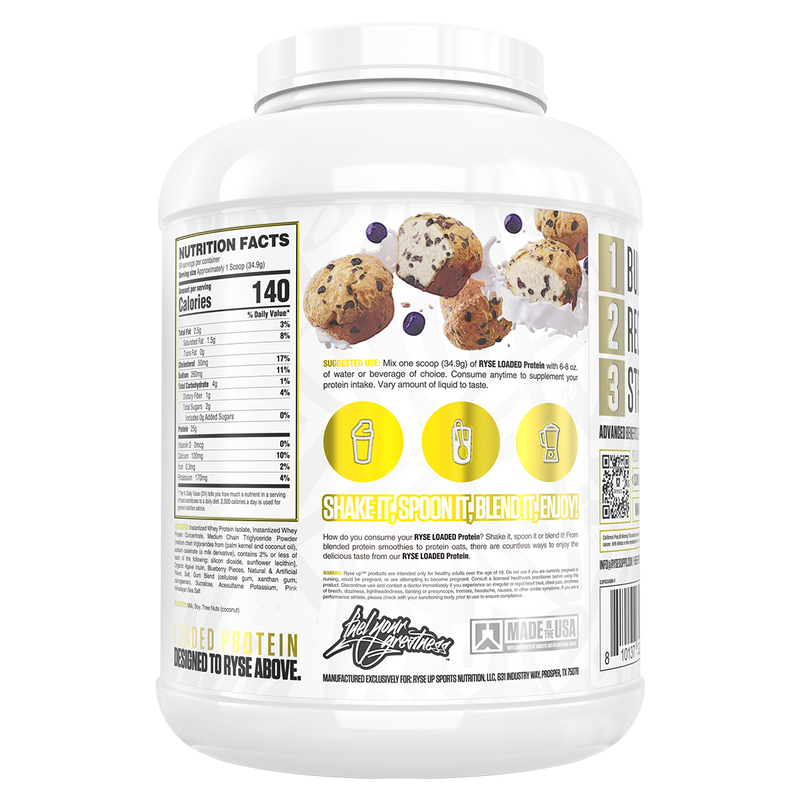 Load image into Gallery viewer, A white plastic tub of MusclePharm Protein powder, showing the back label with nutrition facts, product imagery, and instructions on a white background.