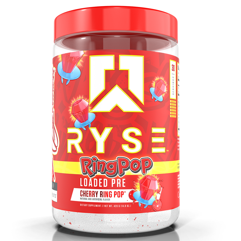 Load image into Gallery viewer, A jar of Ryse RingPop Loaded Pre Cherry Ring Pop dietary supplement powder, featuring a bright red lid and a red label with yellow and white branding.