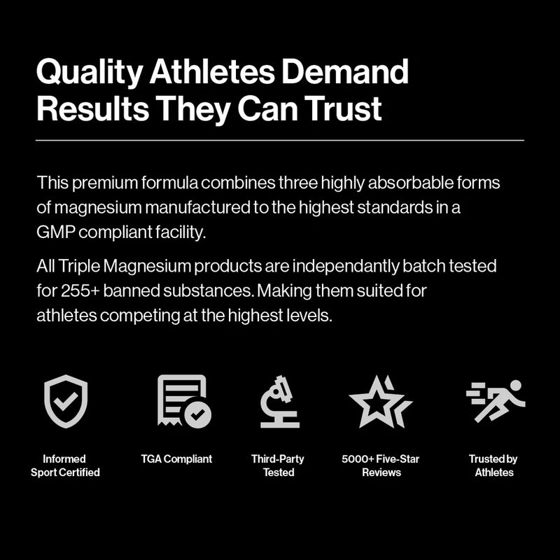 Load image into Gallery viewer, Product advertisement for Triple Magnesium with certification icons and text on a black background