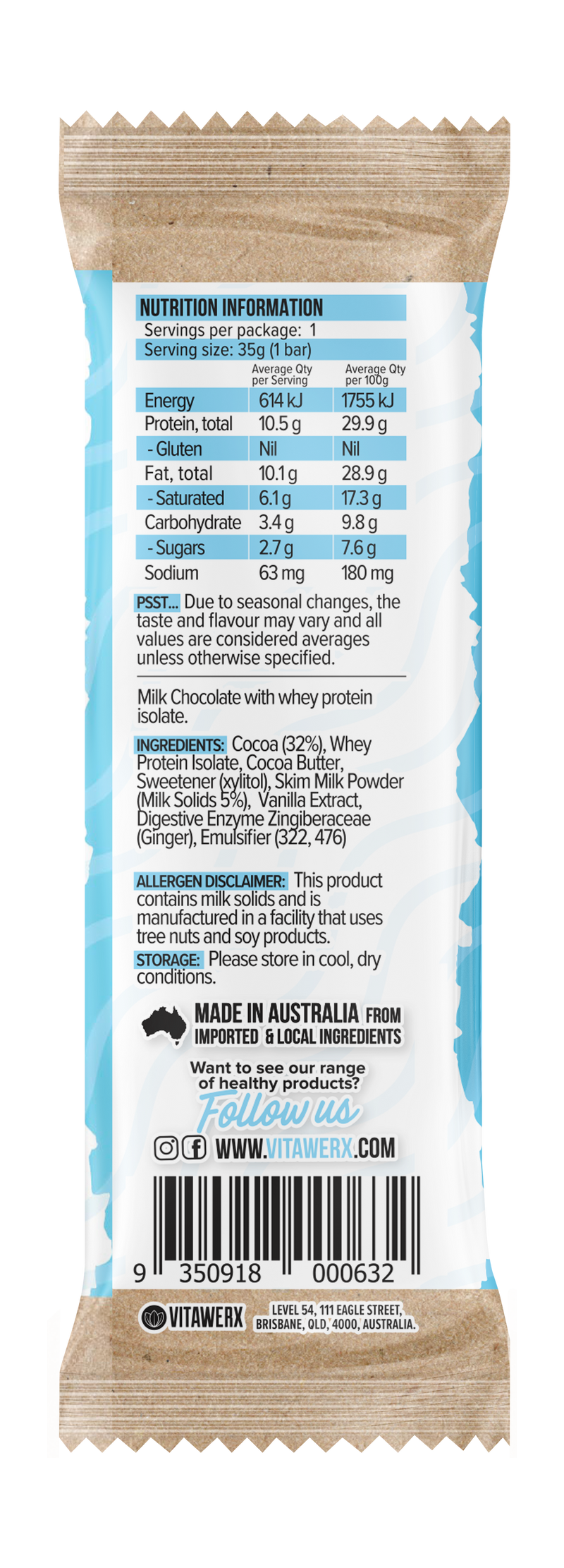 Load image into Gallery viewer, VITAWERX Milk Chocolate Protein Bar 35g x 12