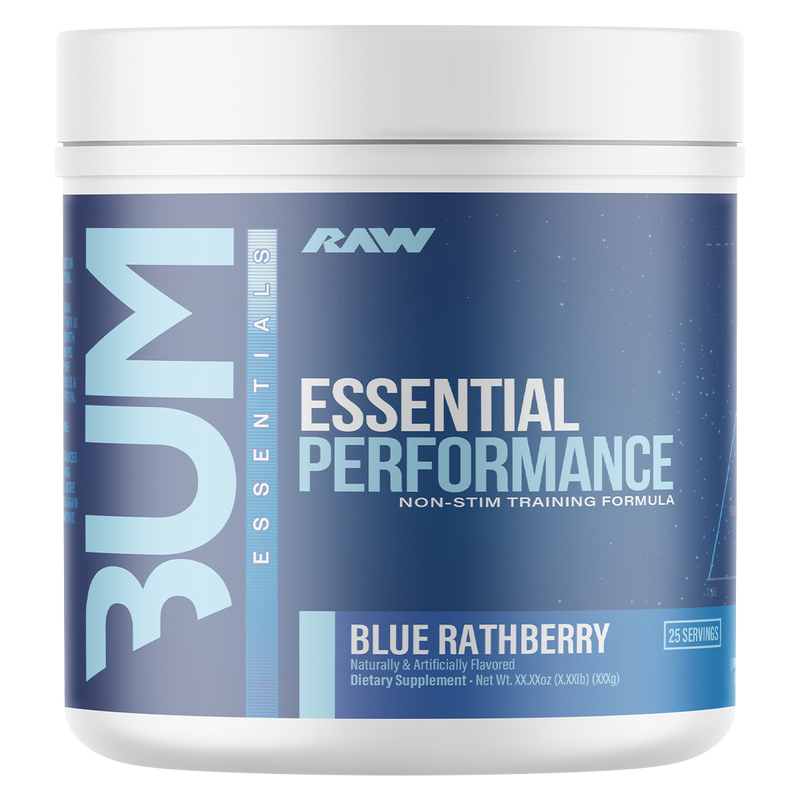 Load image into Gallery viewer, A white plastic tub of RAW Essentials BUM Essential Performance Non-Stim Training Formula in Blue Rathberry flavor, featuring a blue and white label.
