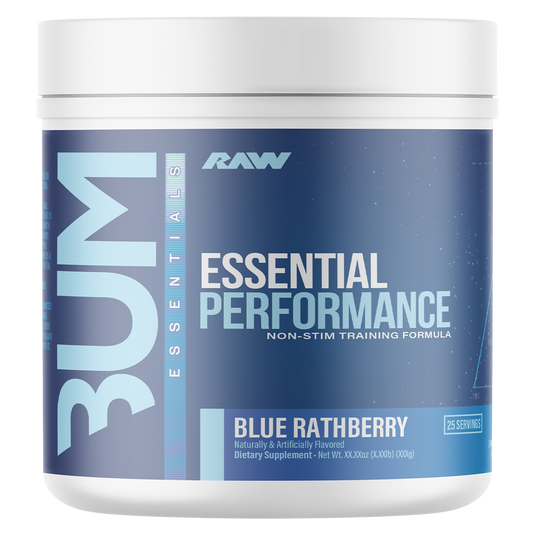 A white plastic tub of RAW Essentials BUM Essential Performance Non-Stim Training Formula in Blue Rathberry flavor, featuring a blue and white label.