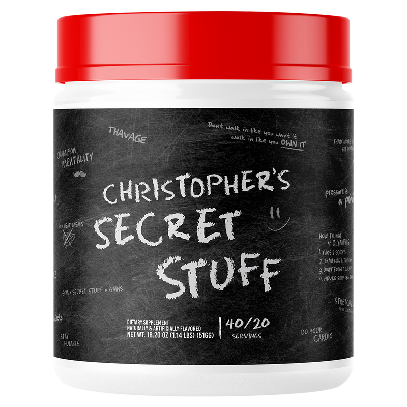 Load image into Gallery viewer, Supplement container labeled 'Christopher's Secret Stuff' with a red lid on a white background
