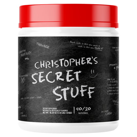 Supplement container labeled 'Christopher's Secret Stuff' with a red lid on a white background