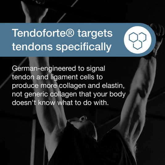 Promotional graphic for Tendoforte with a black-and-white photo of a person lifting arms overhead, overlaid with blue and white text stating that Tendoforte targets tendons specifically and explaining collagen and elastin signaling.