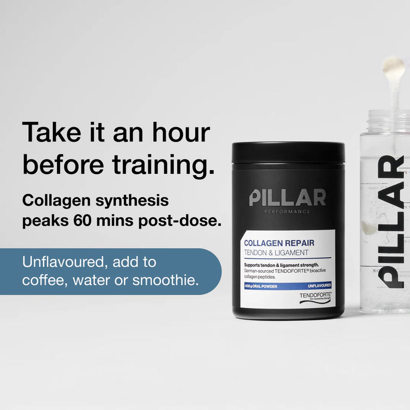 Load image into Gallery viewer, Pillar Performance Collagen Repair powder container shown next to a clear shaker bottle with a white scoop on a light gray background, with promotional text on the left.

