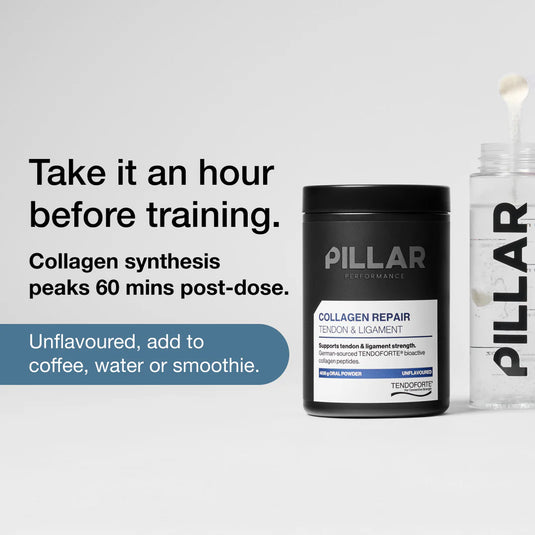 Pillar Performance Collagen Repair powder container shown next to a clear shaker bottle with a white scoop on a light gray background, with promotional text on the left.