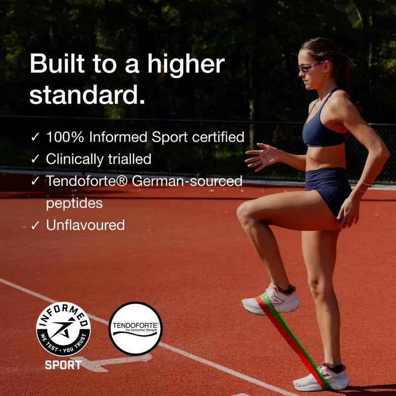 Load image into Gallery viewer, A woman in athletic wear stands on an orange running track using a green and red resistance band. Large text on the left reads 'Built to a higher standard.
