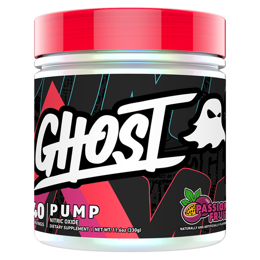 Supplement container with 'Ghost' branding and colorful design on a white background