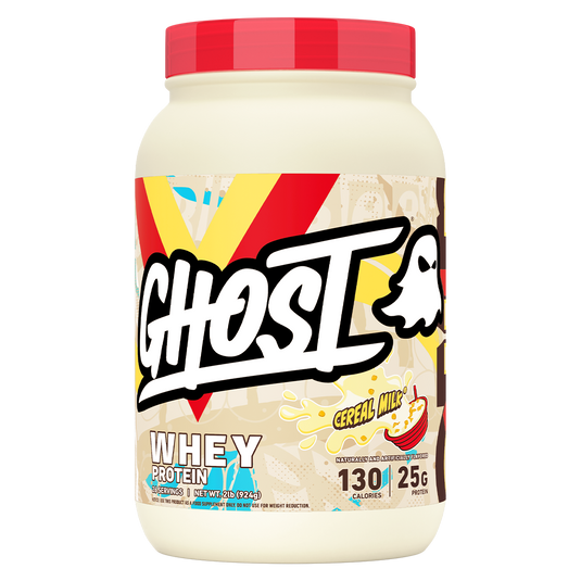A tub of Ghost Whey Protein in Cereal Milk flavor, featuring a cream-colored container, a red lid, and a colorful label with the Ghost logo.