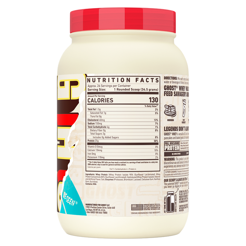 Load image into Gallery viewer, Back view of a large white tub of GHOST+ Whey Protein Isolate powder with a red lid, showing the nutrition facts and directions label.
