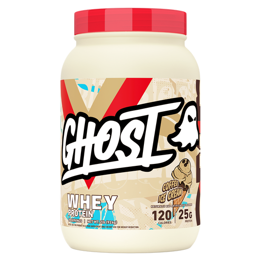 A tub of Ghost Whey Protein in Coffee Ice Cream flavor, featuring a red lid and a label with a beige background, red and brown graphic elements, and the Ghost logo.