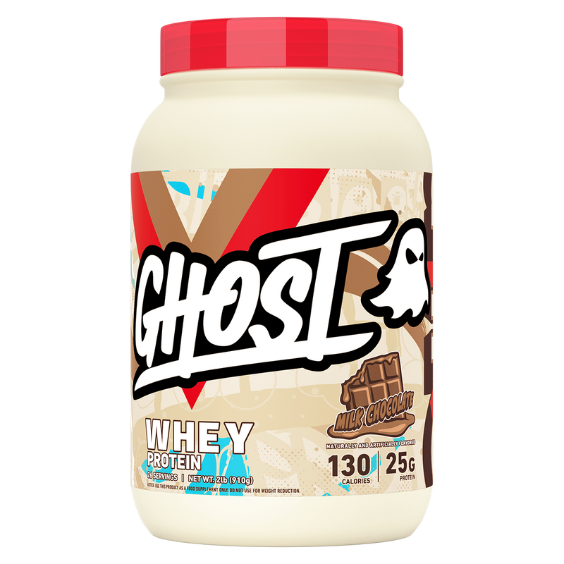 Load image into Gallery viewer, A tub of Ghost Whey Protein in Milk Chocolate flavor, featuring a cream-colored container, a red lid, and a label with a large stylized 'GHOST' logo and chocolate graphics.
