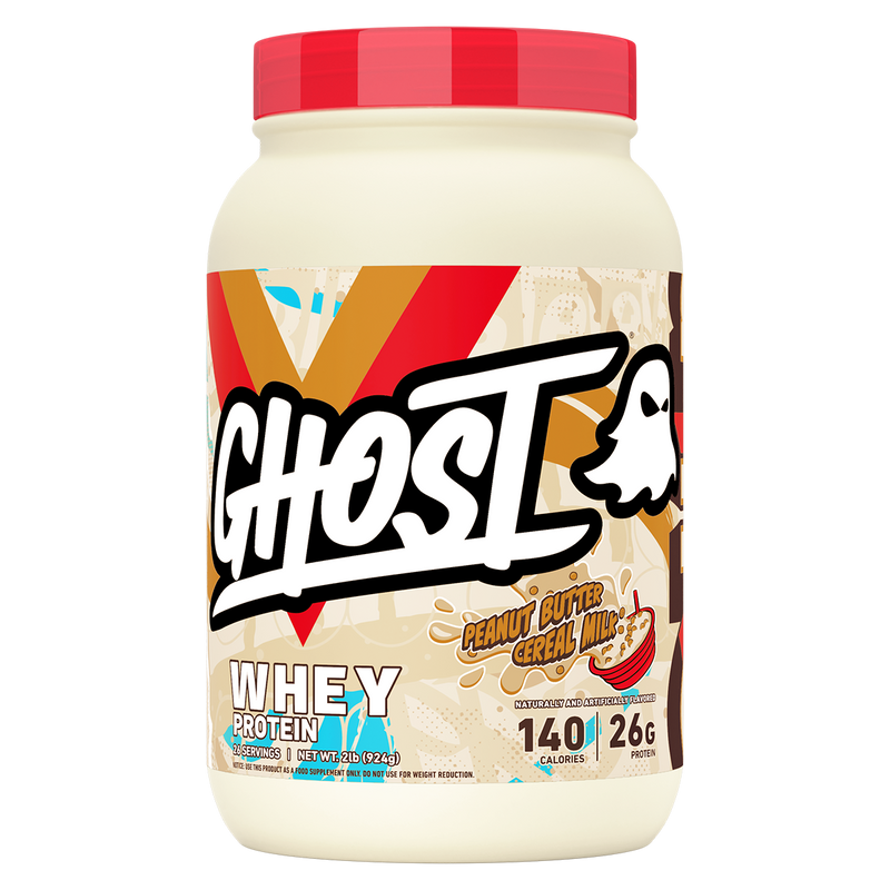 Load image into Gallery viewer, A tub of Ghost Whey Protein in Peanut Butter Cereal Milk flavor, featuring a red lid and a colorful label with the Ghost logo.
