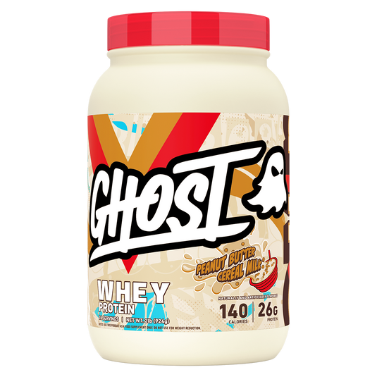 A tub of Ghost Whey Protein in Peanut Butter Cereal Milk flavor, featuring a red lid and a colorful label with the Ghost logo.