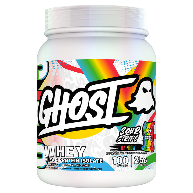 Load image into Gallery viewer, A white plastic tub of Ghost Whey Clear Protein Isolate in Sour Strips Rainbow flavor, featuring a colorful label with a rainbow graphic, a ghost logo, and bold white text.
