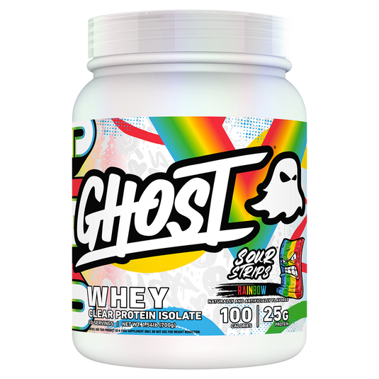 A white plastic tub of Ghost Whey Clear Protein Isolate in Sour Strips Rainbow flavor, featuring a colorful label with a rainbow graphic, a ghost logo, and bold white text.