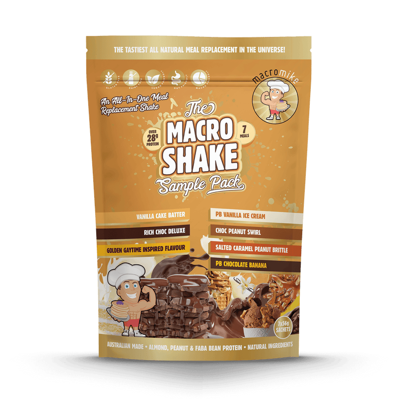 Load image into Gallery viewer, Macro Shake sample pack packaging with various flavors on a black background
