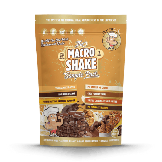 Macro Shake sample pack packaging with various flavors on a black background