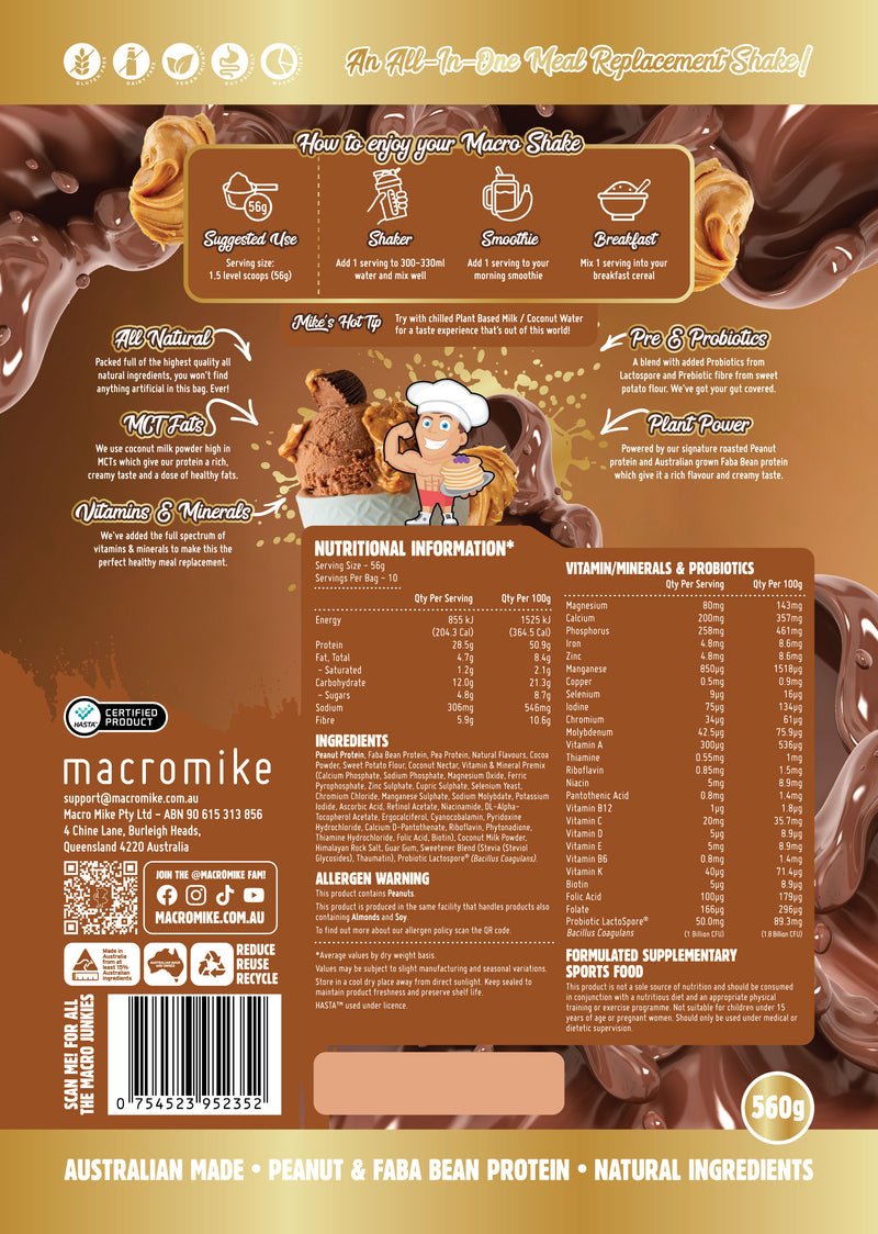 Load image into Gallery viewer, Back packaging panel of a macromike meal replacement shake powder, featuring product benefits, nutritional information, ingredients, and barcode on a brown chocolate-themed background.
