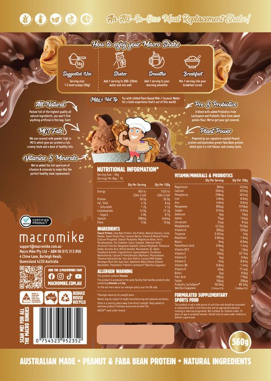 Back packaging panel of a macromike meal replacement shake powder, featuring product benefits, nutritional information, ingredients, and barcode on a brown chocolate-themed background.