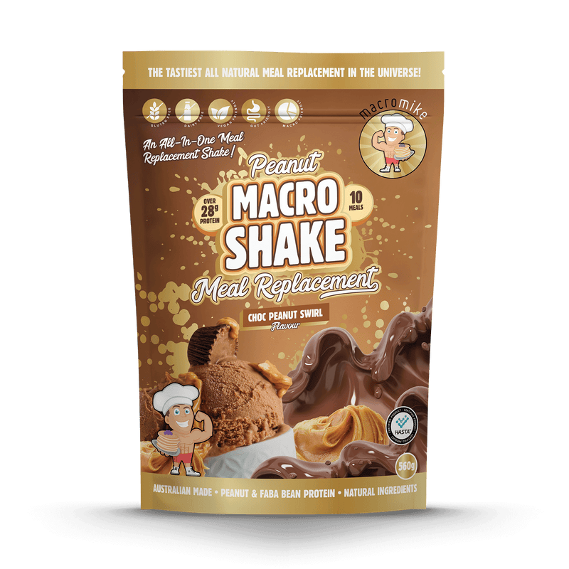 Load image into Gallery viewer, Packaging of Macro Mike's Peanut Macro Shake Meal Replacement on a black background
