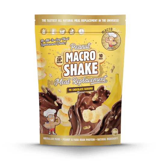 Peanut Macro Shake Meal Replacement package with chocolate and banana imagery on a yellow background