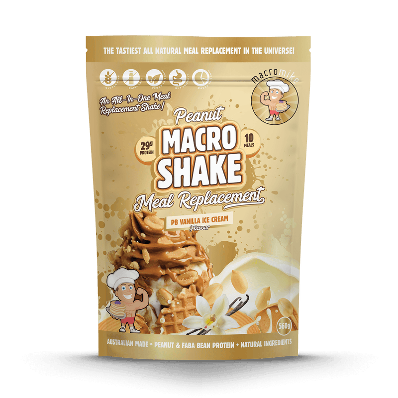 Load image into Gallery viewer, Peanut Macro Shake Meal Replacement package with vanilla ice cream illustration on a black background
