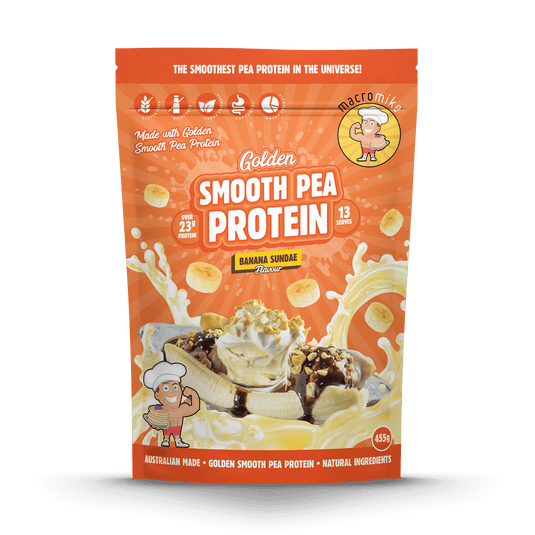 A stand-up pouch of macromite Golden Smooth Pea Protein in Banana Sundae flavor, shown on a clean white background with a soft shadow underneath.