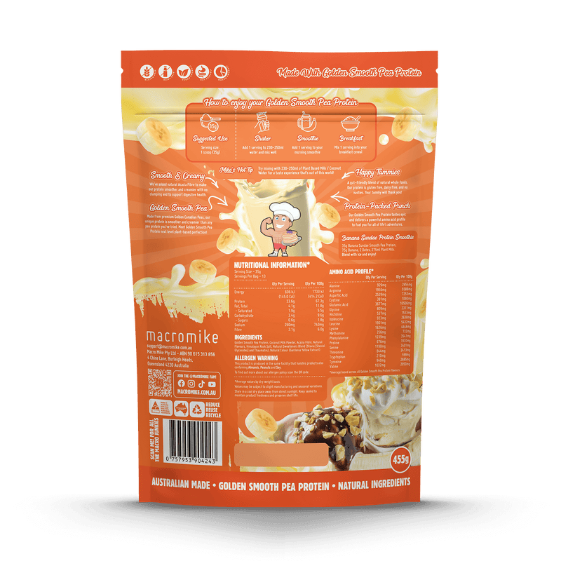 Load image into Gallery viewer, The back of a Macromike Golden Smoothie PEA Protein pouch, featuring orange and white graphics with product details, nutritional information, and usage instructions.
