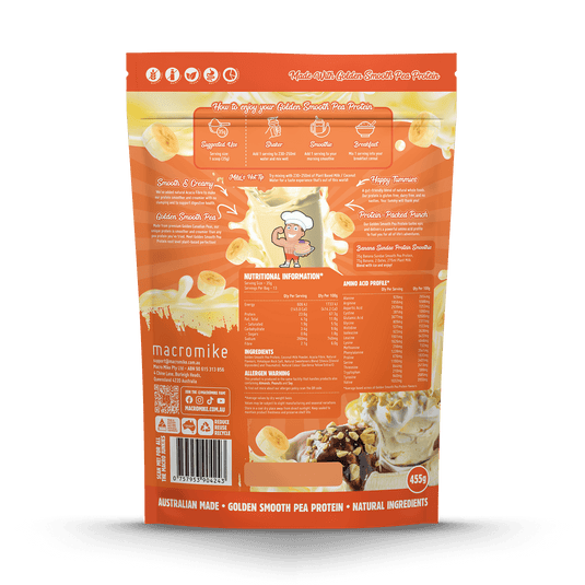 The back of a Macromike Golden Smoothie PEA Protein pouch, featuring orange and white graphics with product details, nutritional information, and usage instructions.