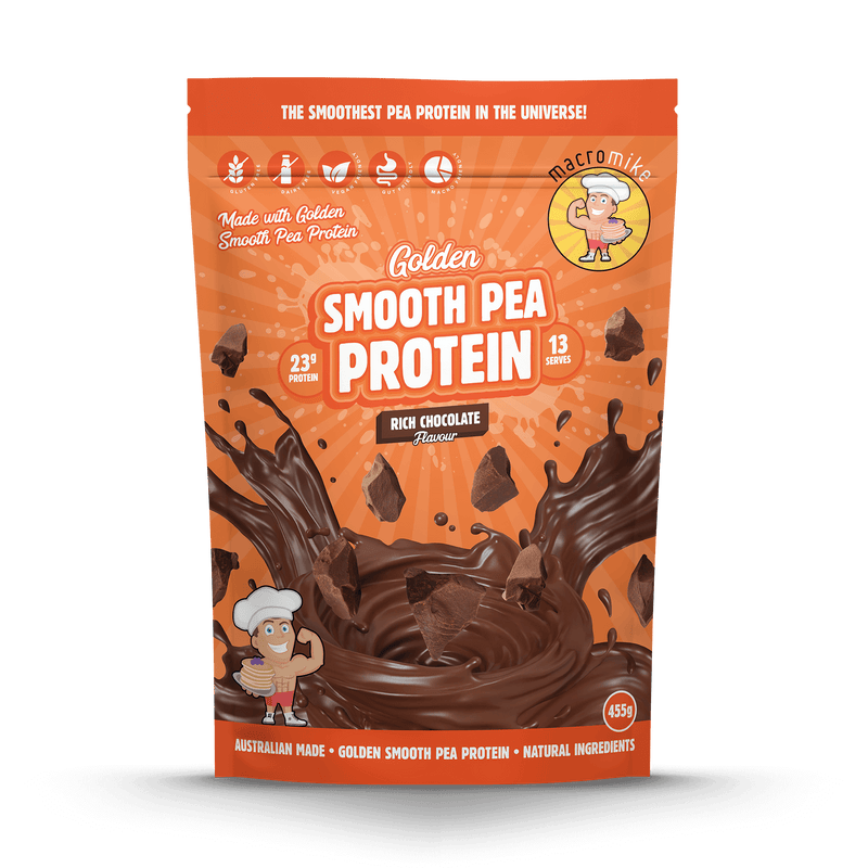 Load image into Gallery viewer, A stand-up pouch of Macromite Golden Smooth Pea Protein in Rich Chocolate Flavor, featuring a bright orange background with a large chocolate splash graphic and the Macromite mascot logo.
