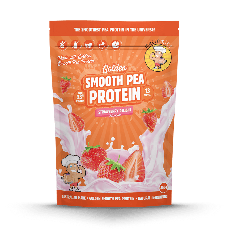 Load image into Gallery viewer, A stand-up pouch of Macromite Golden Smooth Pea Protein powder in Strawberry Delight flavor. The packaging is predominantly bright orange with illustrations of strawberries, white pea protein powder splashes, and cartoon chef graphics on a white studio background.
