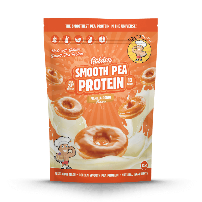 Load image into Gallery viewer, Package of Golden Smooth Pea Protein with vanilla donut flavor on an orange background
