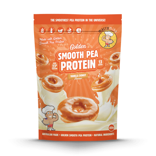 Package of Golden Smooth Pea Protein with vanilla donut flavor on an orange background