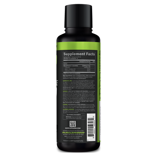 Back label of a supplement bottle with 'MusclePharm' branding on a white background