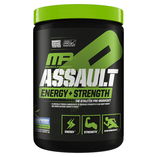 MusclePharm Assault energy and strength supplement container on a white background