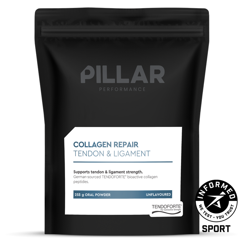 Load image into Gallery viewer, A black stand-up pouch of PILLAR Performance Collagen Repair Tendon &amp; Ligament oral powder, featuring a white label with blue text and a black informed consent seal on the bottom right.
