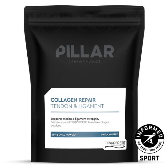 A black stand-up pouch of PILLAR Performance Collagen Repair Tendon & Ligament oral powder, featuring a white label with blue text and a black informed consent seal on the bottom right.